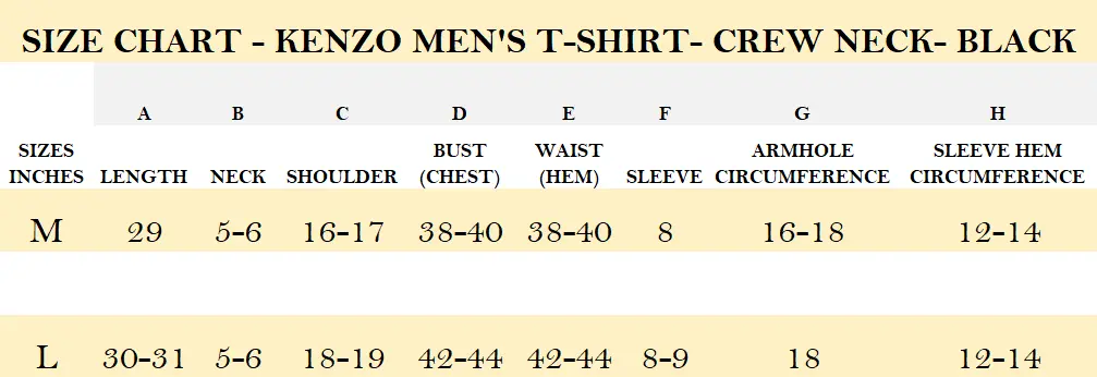 SIZE CHART - KENZO MEN'S T-SHIRT- CREW NECK- BLACK.webp