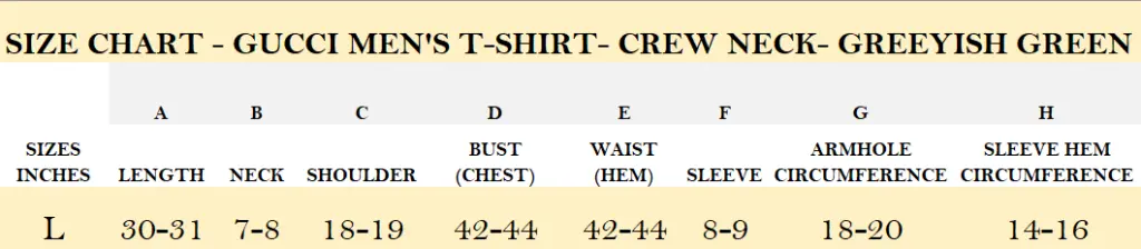 SIZE CHART - GUCCI MEN'S T-SHIRT- CREW NECK- GREEYISH GREEN.webp