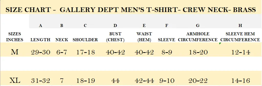 SIZE CHART - GALLERY DEPT MEN'S T-SHIRT- CREW NECK- BRASS.webp