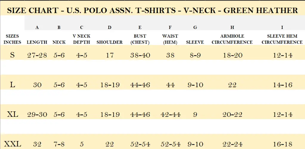 SIZE CHART - U.S. POLO ASSN. T-SHIRTS - V-NECK - GREEN HEATHER .webp